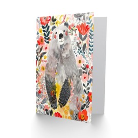 Artery8 Greeting Card Cute Happy Grey Bear in Wildflowers Folk Art for Child Kids Birthday Card