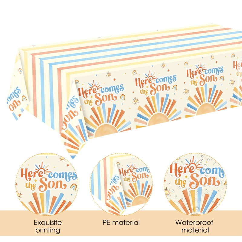 3Pcs Here Comes The Son Baby Shower Decorations Tablecloths Plastic