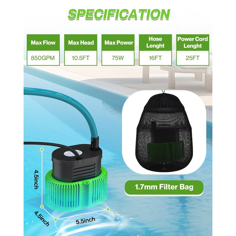 Pool Cover Pump above Ground - Submersible Water Sump Pump