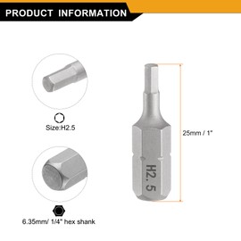 HARFINGTON 5pcs H2.5 Hex Screwdriver Bit 1/4" Hex Shank 25mm/1" Length Magnetic Hexagon Head S2 Steel Screw Driver Bit