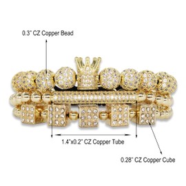Innocence Imperial Crown King 18K Gold CZ Beads Cuff Bracelet Luxury Charm Fashion Cuban Link Bangle Jewelry Set For Men Women (F Gold)