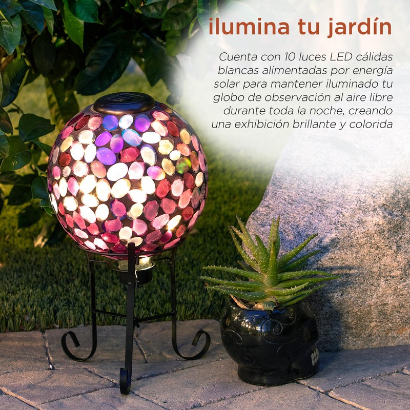 Alpine Corporation Outdoor Solar Powered Pink Glass Mosaic Gazing Globe