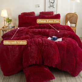 XeGe Cozy Plush Shaggy Duvet Cover, Luxury Soft Fluffy Furry Solid Color Comforter Cover, 1 PC Bedding for Girls Women Bedroom (1 Faux Fur Fuzzy Quilt Cover), Zipper Closure (Queen Size, Red)