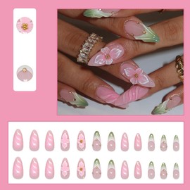 KTAABTR 24Pcs Flowers Press on Nails Medium Almond French Tip Fake Nails with Glue Pink Green Glossy Acrylic Nails Design French Nail Tip Flower False Nails for Women Girls