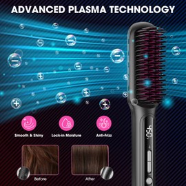MiroPure Hair Straightener Brush with Plasma Technique, Ceramic Straightening Brush with 16 Temp Settings 30s Fast Heating, Hair Straightener Comb for Women with LED Display & Dual Voltage, Black