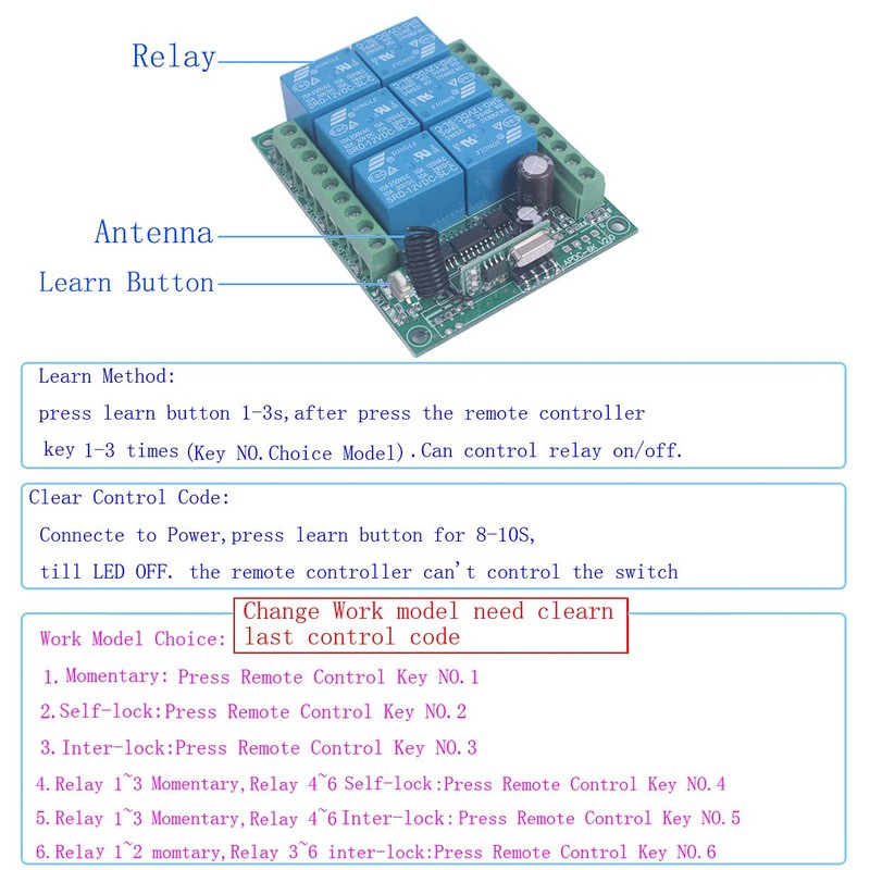 433mhz 12V 24V DC 6 Channel Wireless Remote Control Relay
