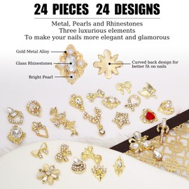 24 Pieces Gold Nail Charms 3D Dangle Nail Charms and Gems Luxury Zircon Nail Diamonds with Glass Nail Rhinestones for Girls Womans Craft DIY Nail Decoration