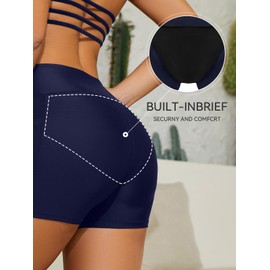 SHEKINI Women Swim Shorts Bathing Suit Bottoms High Waisted Tummy Control Board Swimsuit with Pockets(Navy Blue，L)