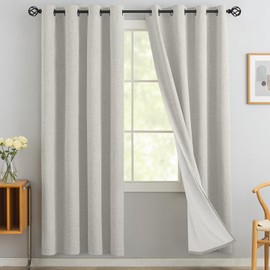 Yakamok Cream Linen Curtains 100% Blackout 72 Inches Long,Room Darkening Textured Curtains for Living Room Thermal Grommet Bedroom Curtains 2 Panels with Greyish White Liner