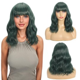 simnient Short Bob Wigs with Bangs for Women Loose Wavy Wig Curly Wavy Shoulder Length Bob Synthetic Cosplay Wig for Girl Colorful Costume Wigs (Dark Green)