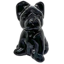 Ladeukoi Gemstone Sitting Dog Statue, Healing Stone Animal Figurine Sculpture Crystal Pocket Figurine Home Decoration Hand Carved Mini 1.5 Inches, Black Obsidian