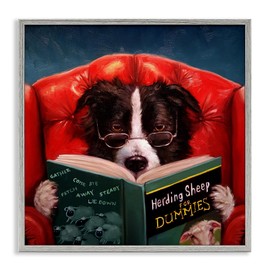 Stupell Industries Herding Sheep Dog Reading for Dummies Funny Painting, Design by Duy Huynh Gray Framed Wall Art, 24x24, Multicolor
