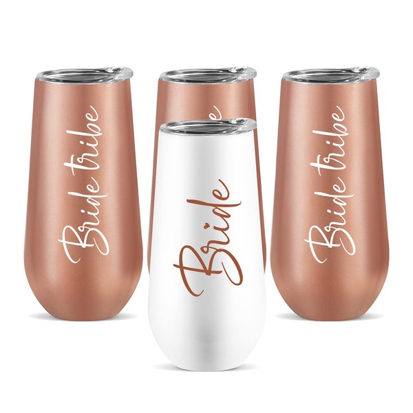 Ugiftcorner Bride Tribe Cups Set of 4 Bachelorette Cups for Guest Team Bride Bachelorette Party Favors Bridal Shower Gifts for Wedding Stainless Steel Insulated Tumbler with Lid Champagne Flute 6 OZ