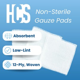 HCS 4x4 Gauze Sponges - Woven, Non-Sterile, 12-Ply (200-Count) - 100% Cotton, Absorbent, Low-Linting Design - Medical Gauze Pads 4x4 - Wound Care, First Aid, Surgical Use, Dental