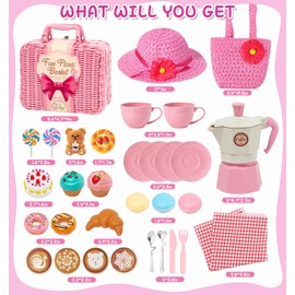 Lorfancy 32 Pcs Toddler Tea Party Set Little Girls Kids Pretend Play Coffee Playset Toys with Picnic Basket Hat Play Food Dessert Birthday Gift for Girls Age 3-8 Year Old