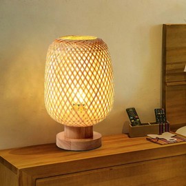 GUANSHAN Bamboo Table Lamp Small Exquisite Bamboo Lampshade Bedside Lamp Japanese Night Light Decorative Table Lamp for Bedroom Living Room Style 2