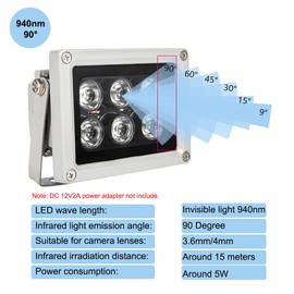 IR Illuminator 15° /30° /45° /60° /90° View Angle Invisible 940nm 6 LEDs IR Array Infrared Light Waterproof CCTV Camera Night Vision Fill Light for Surveillance Security Cameras (940nm IR 90 Degree)