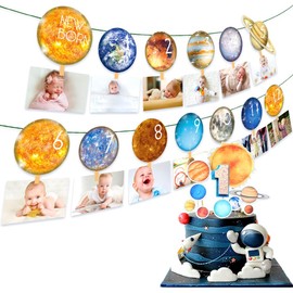 Space First Birthday Decorations First Launch Photo Banner Party Supplies for 1st Trip Around The Sun 12 Months Milestone Backdrop Astronaut Theme Baby Shower Decor
