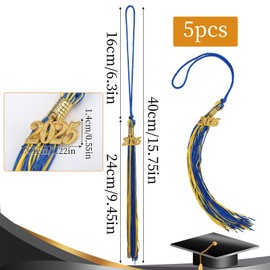 5pcs Graduation Tassel 2025, Polyester Academic Graduation Cap Tassel with Charm Ideal Grad Hats Ceremonies Hanging Accessories Decorations and Celebration Souvenir Gifts(Blue, Gold)