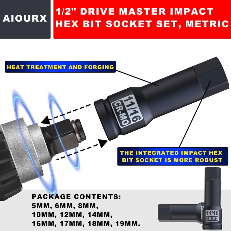 Aiourx 1/2" Drive Master Impact Hex Bit Socket Set, SAE,