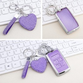 Vicoca for Range Rover Key fob Cover with Diamond Heart Keychain, Car Accessories TPU for Jaguar XE XJ XF for Sport, Velar, Evoque, Defender, Discovery, Silver Purple