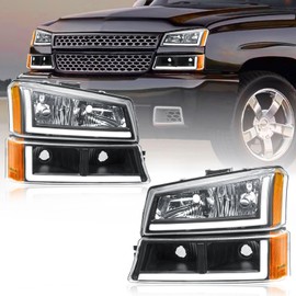 Fullux LED DRL Headlights Assembly Compatible with 2003-2006 Chevy Silverado/2003-2006 Avalanche without Factory Cladding Replacements Amber Reflector Black Housing