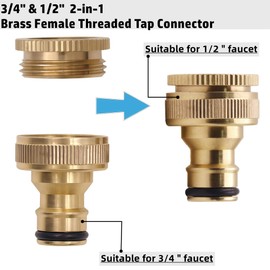 Brass Tap Connector for 1/2 Inch & 3/4 Inch Taps, 2-in-1 Garden Hose Tap Connection for Home Yard/Washing Machine Thread Tap