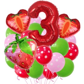 Strawberry Balloons Number 3 Balloons Polka-dot Latex Balloons for Girl Fruit 3rd Birthday Party Decoration Supplie,Berry 3rd Party Decor,Polka-dot Latex Mylar Red Number 3 Balloons Decor for Girls