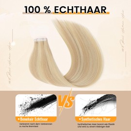 Yuniffe SemiPermanent Tape-In Extensions, Real Hair, Balayage, Ash Blonde to Blonde, Hair Extensions with Invisible Double-Sided Tape, 35 cm, 50 g, 20 Pieces