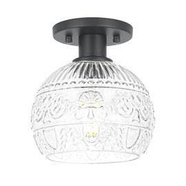 7.09in Semi Flush Mount Ceiling Light Fixture, Vintage Flush Mount Ceiling Light with Glass, Goble Hallway Light Fixtures, Black Bathroom Ceilings Light Overhead Lighting for Porch Corridor Closets