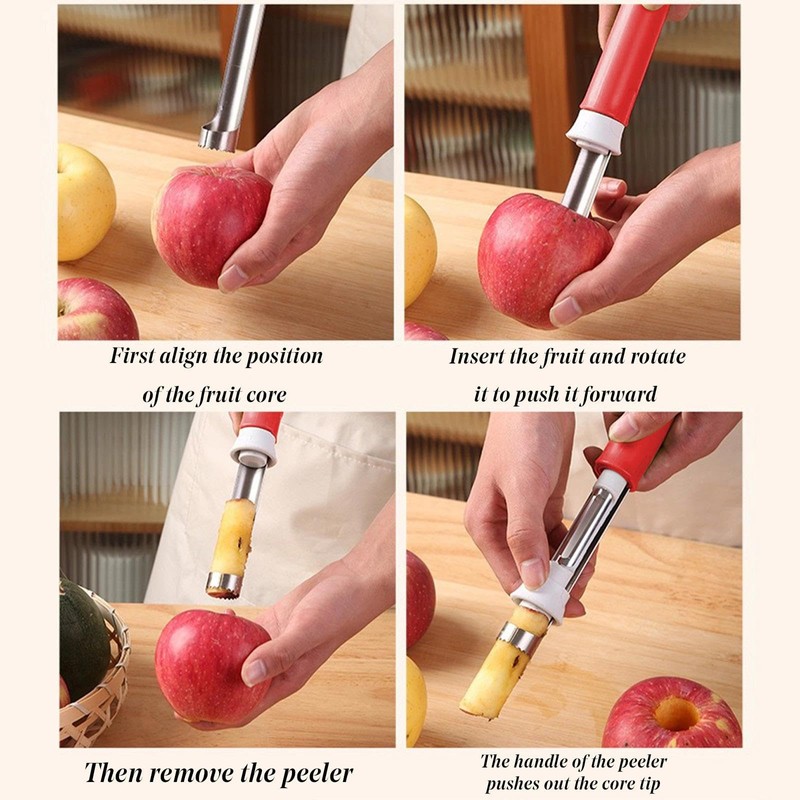 2-in-1 Stainless Steel Apple Corer and Peeler, Red, Plastic Handle,
