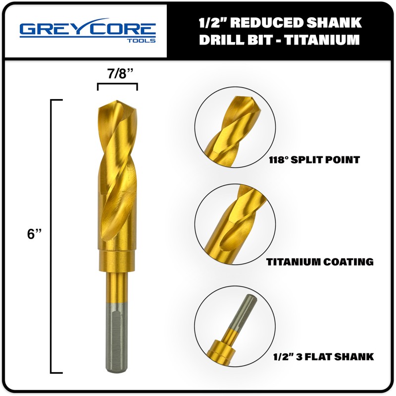 Greycore Tools 7/8 Inch Reduced Shank Drill Bit, 1/2" 3-Flat