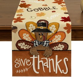 Give Thanks Gobble Turkey Thanksgiving Table Runner 13x72 Inch Fall Harvest Kitchen Dining Table Decor for Indoor Outdoor Farmhouse Home Party Decoration