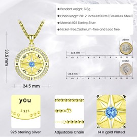 Eusense Compass Necklace 925 Sterling Silver Compass Pendant Chain Gifts for Father's Day Graduation Gift Jewellery for Men Women, Sterling Silver, No Gemstone