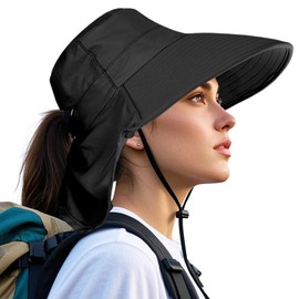 Yymobt Sun Protection Hat for Women Neck Flap Wide Brim Sun Visors with Ponytail Hole for Beach Hiking Camping Gardening Black