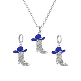 Dreuyet 3 Pcs Rhinestone Western Boots Hoop Earrings Necklace Set for Women Crystal Sparkly Cowgirl Earrings Bohemian Rodeo Boot Necklace Charm Country Concert Outfits Jewelry (Blue)