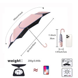 Petal Shape Travel Folding Umbrella with Hook Shaped PU Leather Handle/Lightweight Pocket Umbrella for Children Women/6 Ribs/Teflon Coating/Sun Protection/Outdoor UV/Bag Backpack, beige