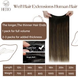 Hetto Weft Real Hair Extensions, Natural Darkest Brown, Ombre, Ash Brown, Real Hair, Balayage Brown Weft Extensions, Human Hair, #2/8/2, 70 g, 30 cm