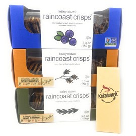 Raincoast Crisps Variety by Lesley Stowe - Blueberry & Almond Crackers | Salty Dates & Almond | Rosemary & Pecan Bundled With Kokobunch Kit | 3 PACK - 5.3oz