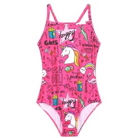 Nokecina Girls Swimsuit Size 4t 5t One Piece Bathing Suit Hot Pink Cartoon Pattern Quick Dry Breathable Swimwear for Swim Practice