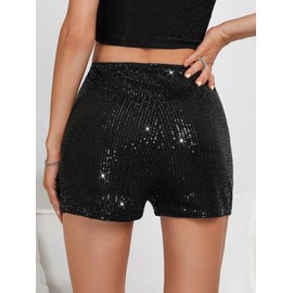 PengFaXin Womens Sequins High Elastic Waist Solid Night Out Glitter Party Shorts(Black, Small)