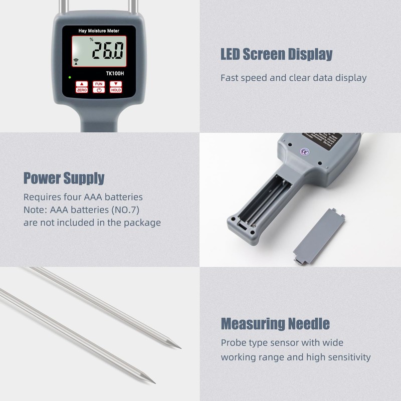 Hay Moisture Tester, Portable Hay Moisture Meter, Straw, Forage Grass,