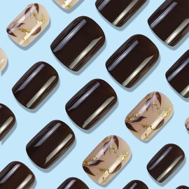 Brown Press on Nails Short Square Fake Nails with Gold Leaves Designs Brown Full Cover Glue on Nails Fall False Nails Press ons Glossy Acrylic Stick on Nails for Women 24 Pcs