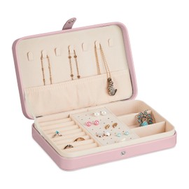 Relaxdays Jewellery Box, Jewellery Storage, Rings, Earrings & Chains, Travel Jewellery Case, HBT: 4.5 x 21 x 14.5 cm, Pink