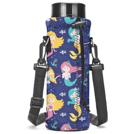 AMARY 1000ML Neoprene Water Bottle Carrier Bag with Adjustable Shoulder Strap,Insulated Water Bottle Cover for Stainless Steel/Glass/Plastic Bottles 34OZ (cute mermaid)