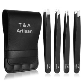 T&A Artisan Eyebrow Tweezers Stainless Steel Set - 4 Piece Professional Precision Tweezers for Eyebrows Facial Hair & Ingrown Hair Removal Splinter & Tick Remover False Eyelashes Tools for Men and Women (Black)