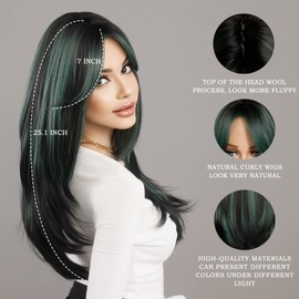 7JHH WIGS Long Straight Wigs with Curtain Bangs,Green Highlight Layered Wig for Women Synthetic High Density Heat Resistant Hair Wig for Daily Party 24 Inches