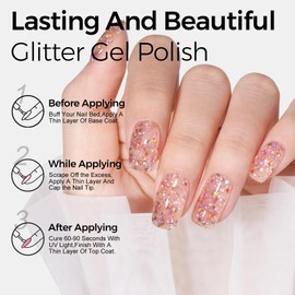 TOMICCA Glitter Gel Nail Polish, Champagne Gold Sparkle Gel Polish, Soak Off UV Diamond Rainbow Shimmer Nail Polish Gel Natural Color Nail Art DIY Manicure Salon