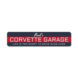 Metal Chevy Sign Personalized Name Corvette Garage Aluminum Wall Decor for your mancave, parking space, car port - Blue, Rectangle Decorative Plaque - 3" x 13"