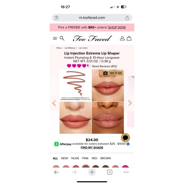 Too Faced Lip Injection 8 hour plumbing lip liner color